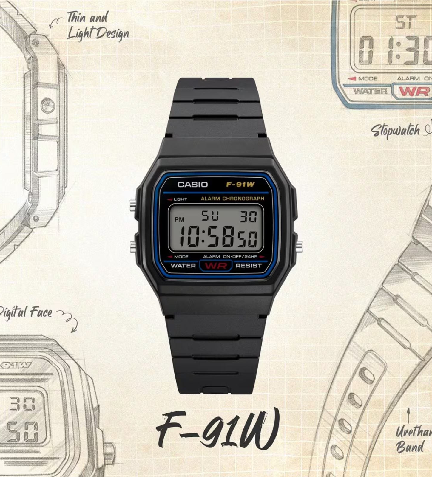 Casio Men’s Watch Classic Alarm Chrono Digital Dial Black Resin Strap F91W-1