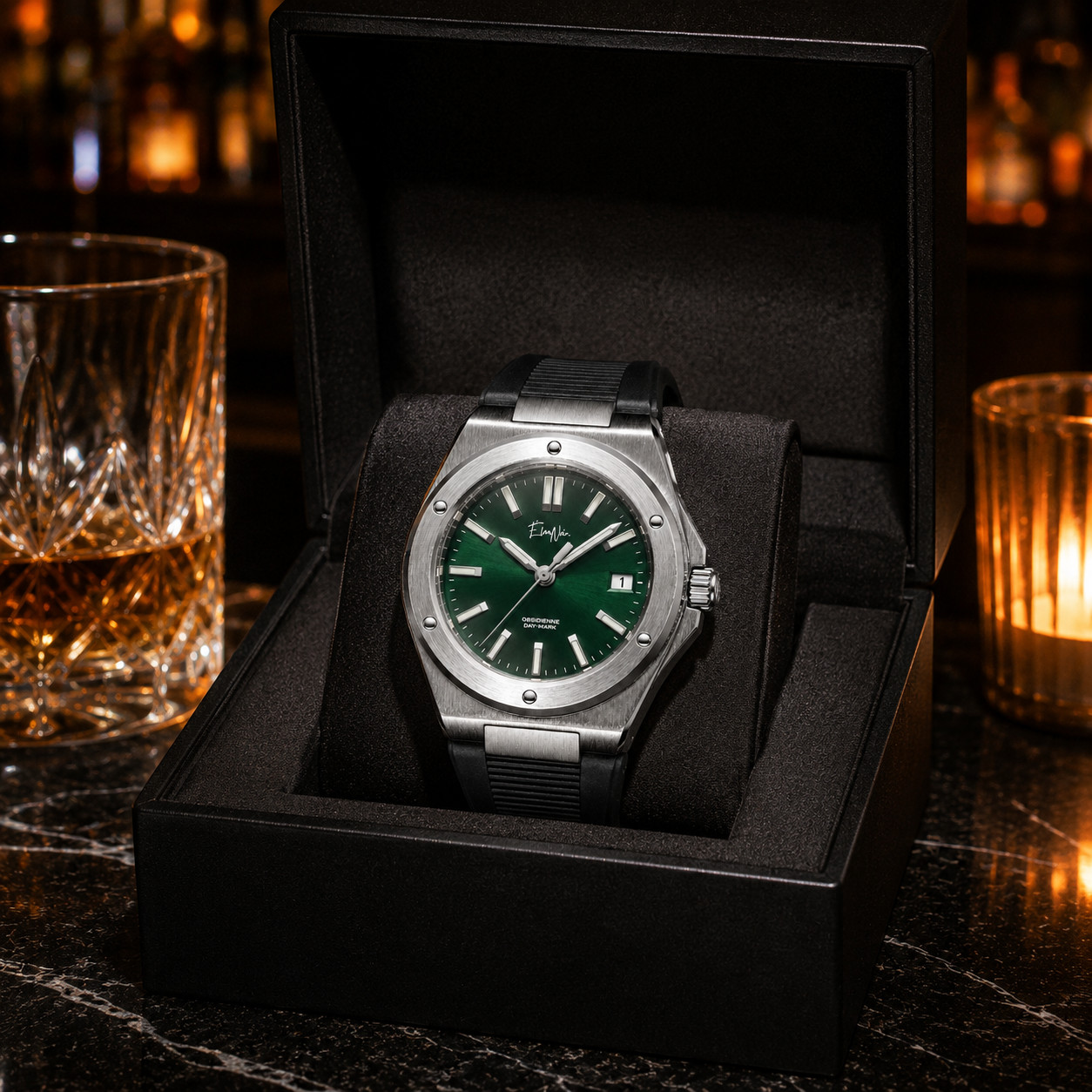 Custom Élan Noir Day-Mark Auto NH35 Watch Emerald/White Dial Sapphire Steel 41mm