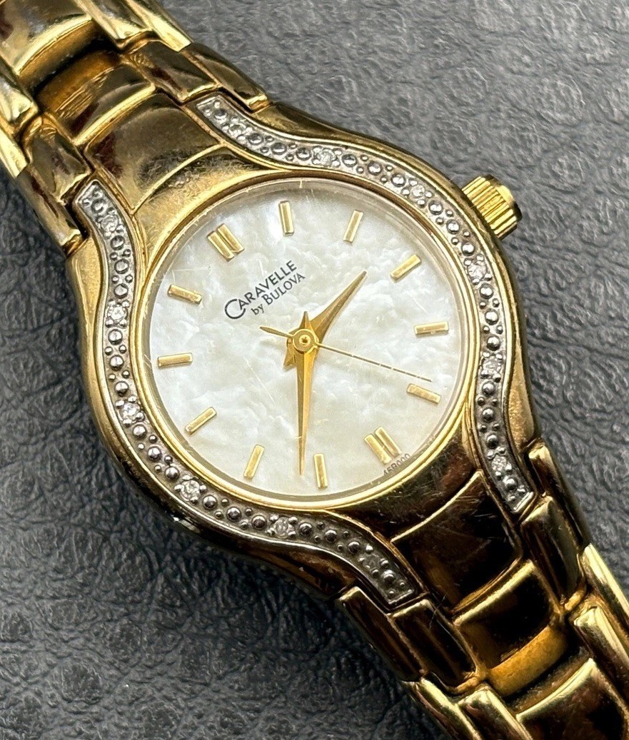Caravelle By Bulova Quartz Watch Mother of Pearl Diamond Dial NEW BATTERY