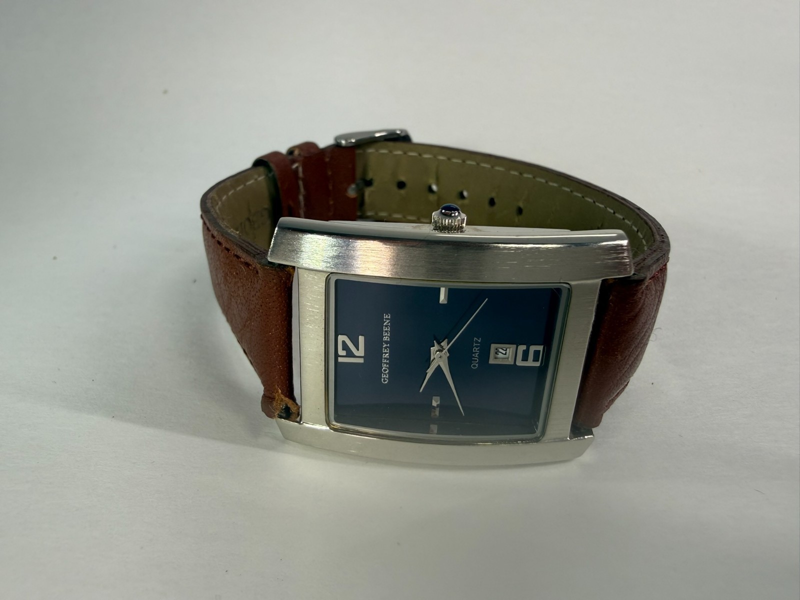 Geoffrey Beene GBM165 Wide Rectangular Navy Blue Dial Date Brown Leather Watch