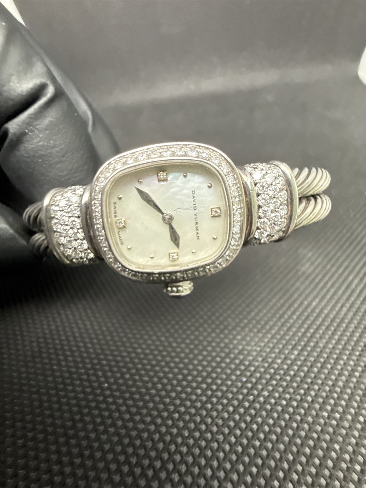 David Yurman Cable Bangle Diamonds MOP Dial 925 Silver 19MM Lady Quartz