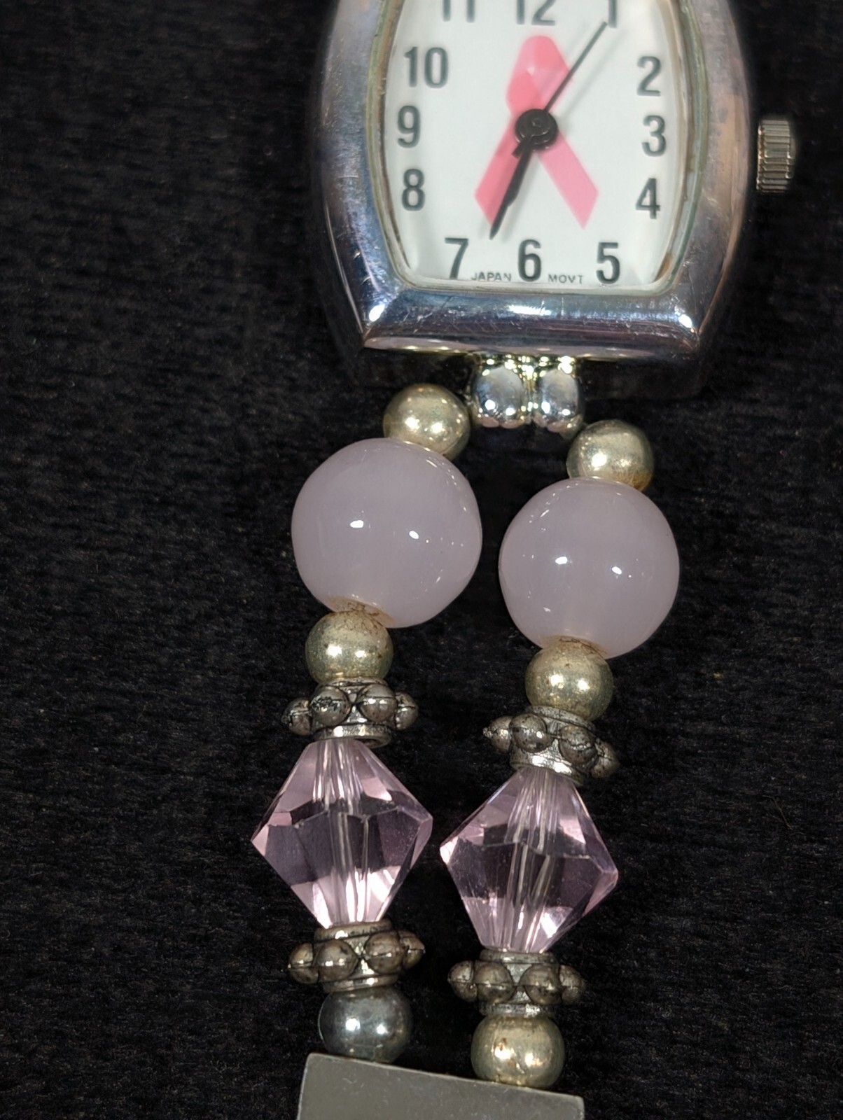 Pink Ribbon Awareness Glass Bead Toggle Bracelet Watch 6.5 inches