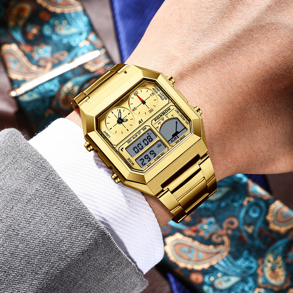 LIGE FOXBOX Men Watch Rectangle Wristwatch Digital Quartz Male Steel LED Watches
