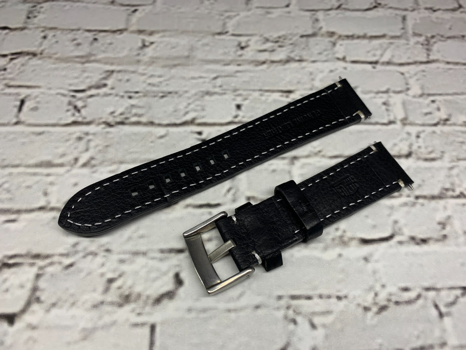20 mm Black Leather with White Stitches Silver Solid Tang Buckle WITH CREASES
