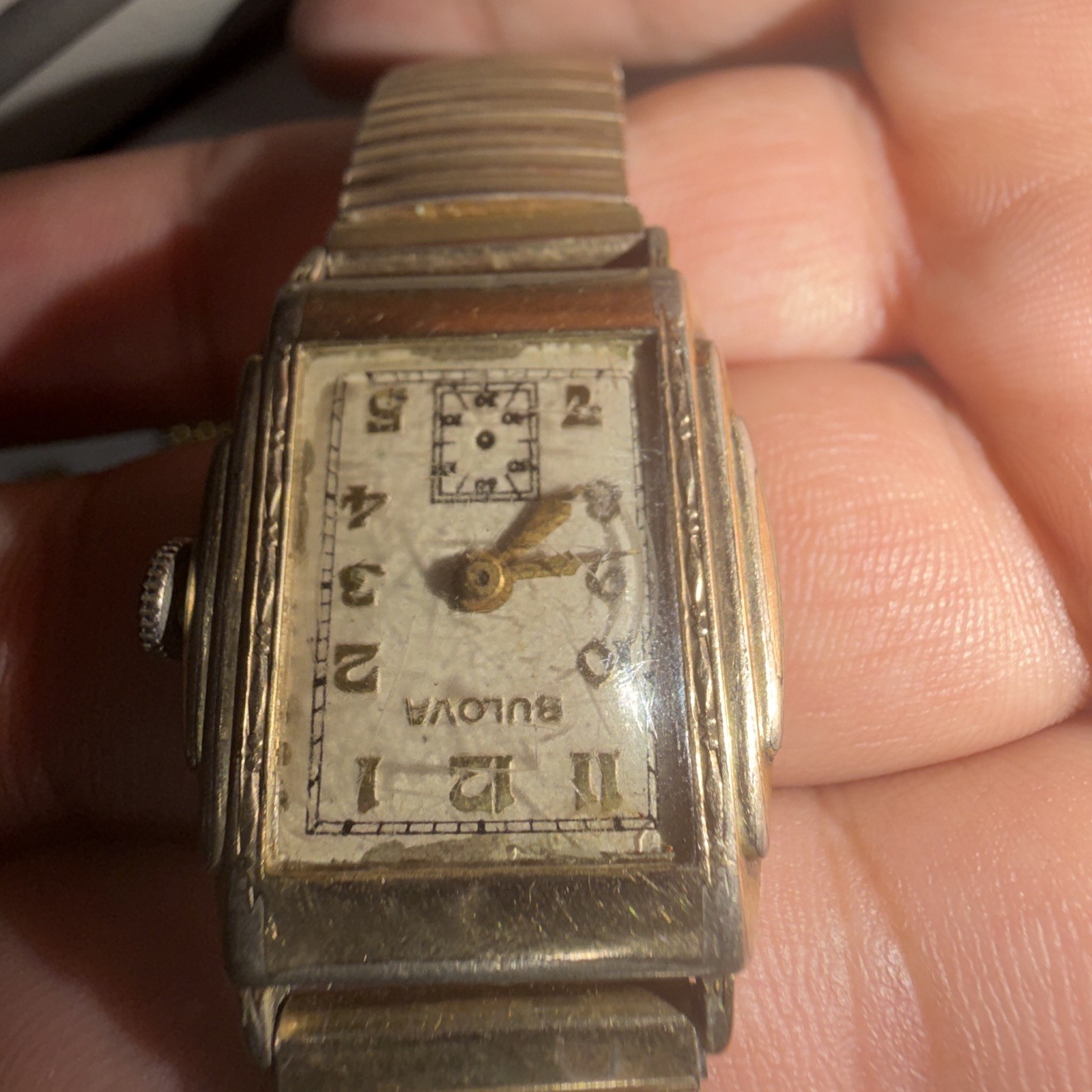 Vintage Bulova Ladies Rectangular Gold Plated Manual Watch White Dial Seconds