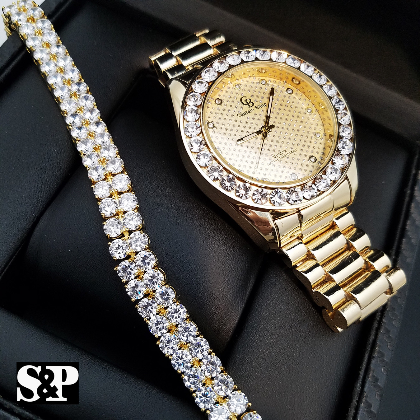 MEN HIP HOP CELEBRITY STYLE LUXURY WATCH & 2 ROWS DIAMONDS BRACELET GIFT SET