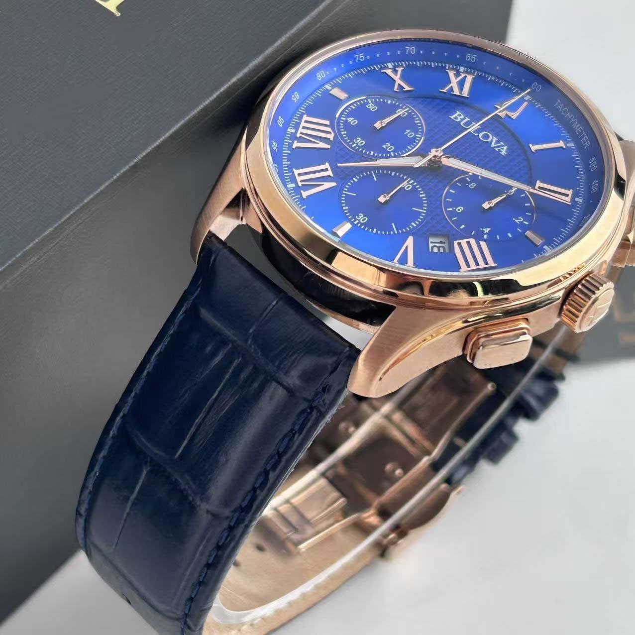 Bulova Wilton Classic 97B170 Blue Dial Leather Strap Mens Quartz Watch 4 G2U