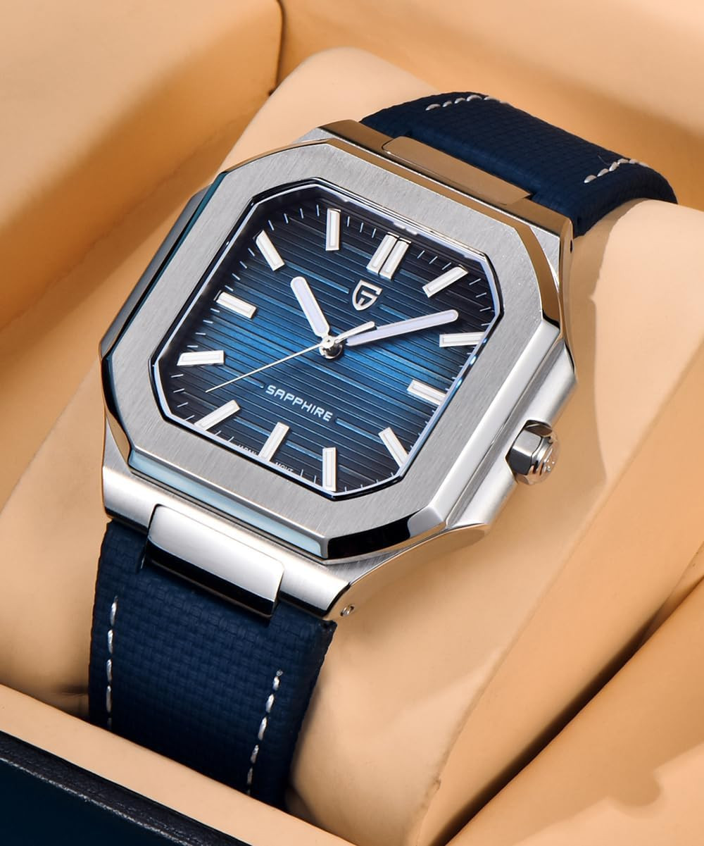 Stylish Octagonal Watch, Sapphire Glass, Silver Case, Navy Leather Band, 37mm