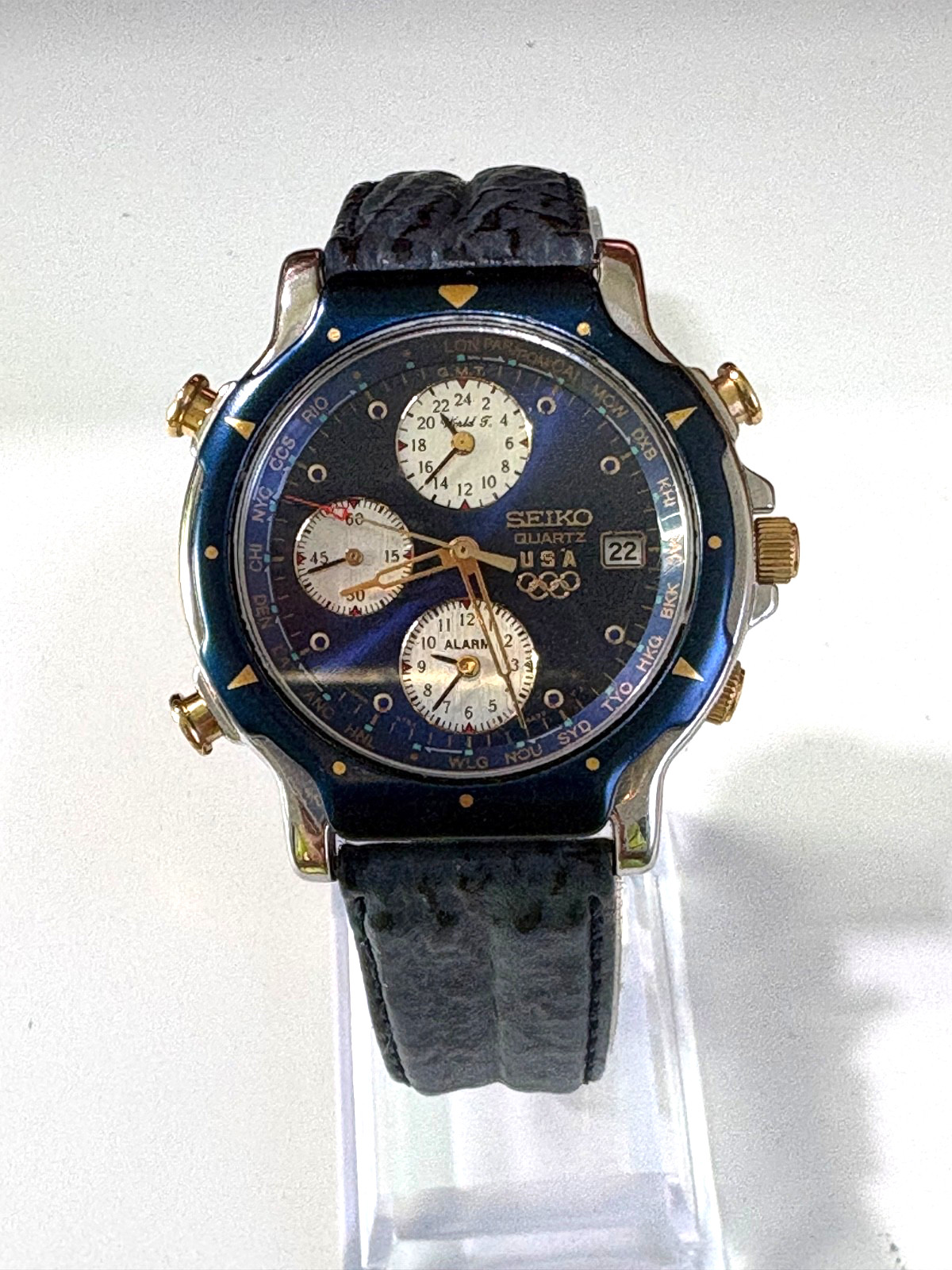 VINTAGE SEIKO USA OLYMPIC WORLD TIMER 5T52-6B08 DUAL TIME ALARM WATCH BLUE DIAL