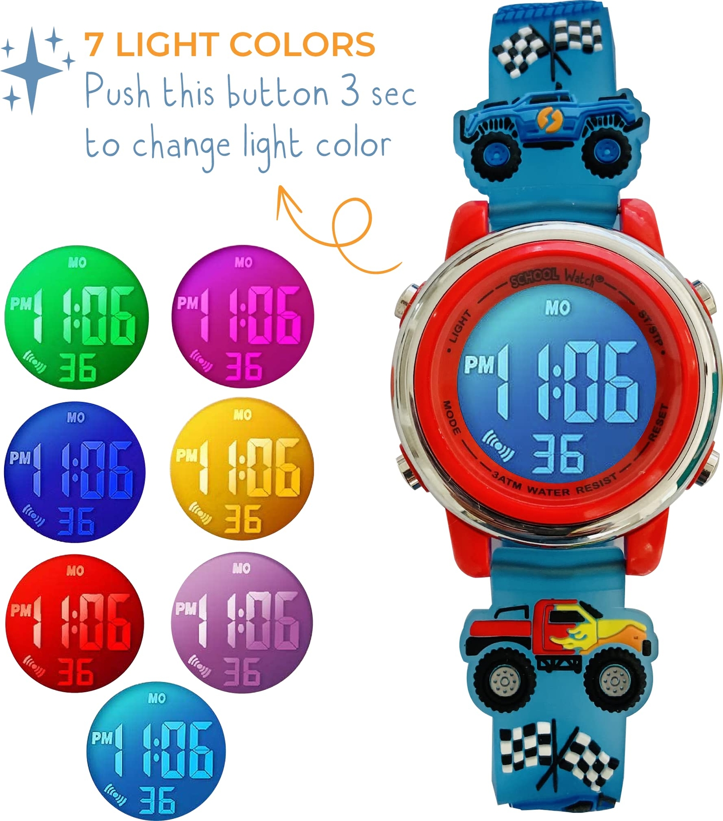 Monster Truck 3D Digital Light Up Watch for Boys – Waterproof School Watch