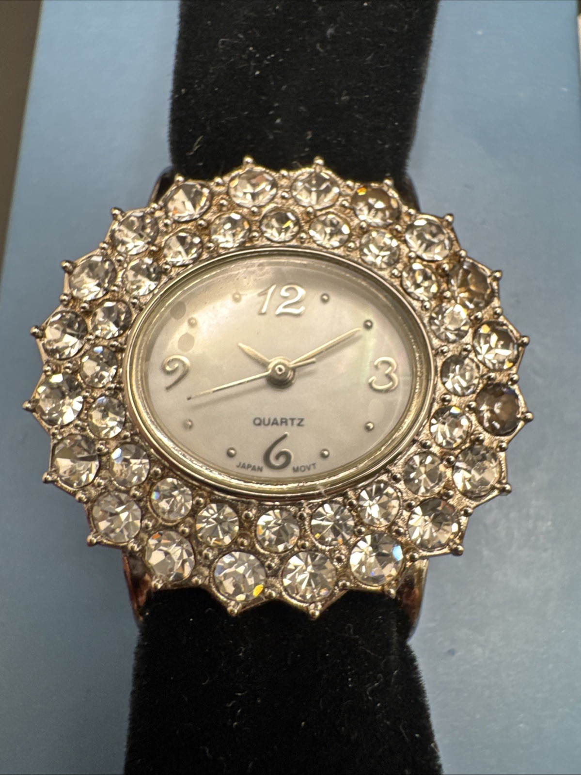 3 Rhinestone Quartz Watches Crystal Bezel Velvet Bands Red Green Black Lot