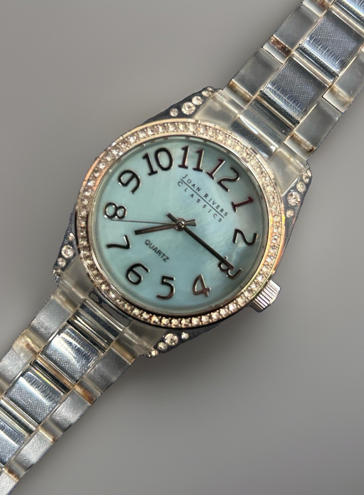 JOAN RIVERS CLASSICS Ladies Watch Rhinestones Blue Pearlescent Face Acrylic Band
