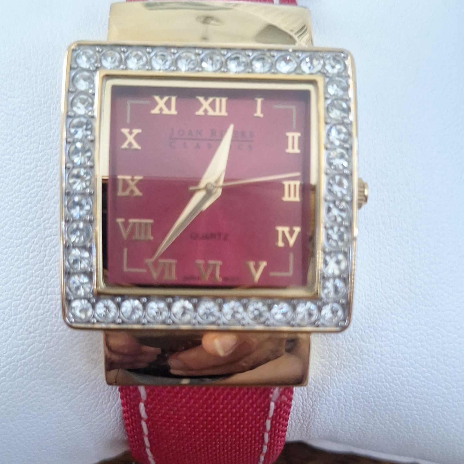 Joan Rivers Classics Quartz Square Gold Tone Watch Red Roman Dial Crystal Bezel