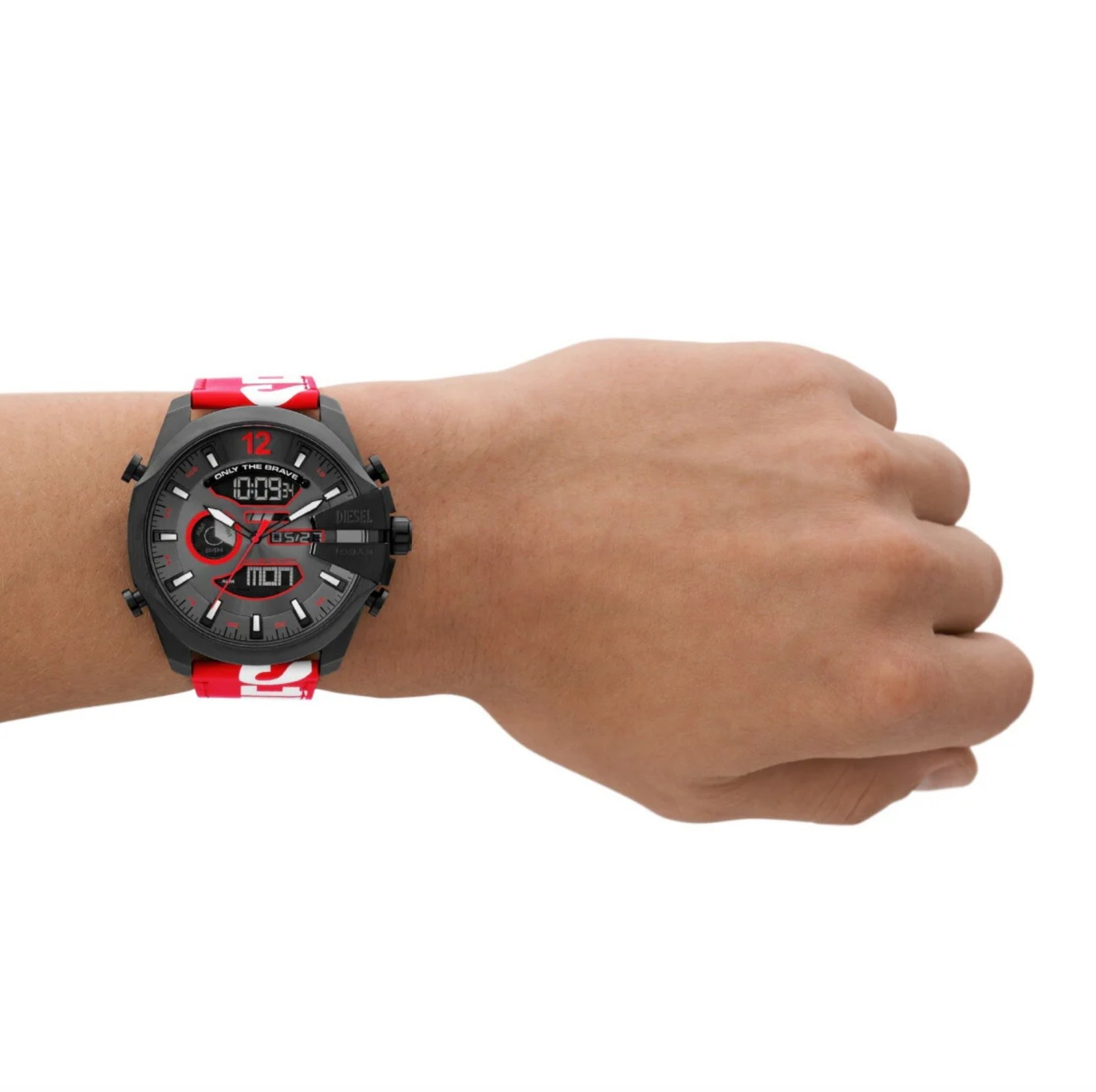 DIESEL Black Stainless-Steel Grey Sunray Dial 51mm Watch Red White Leather Band