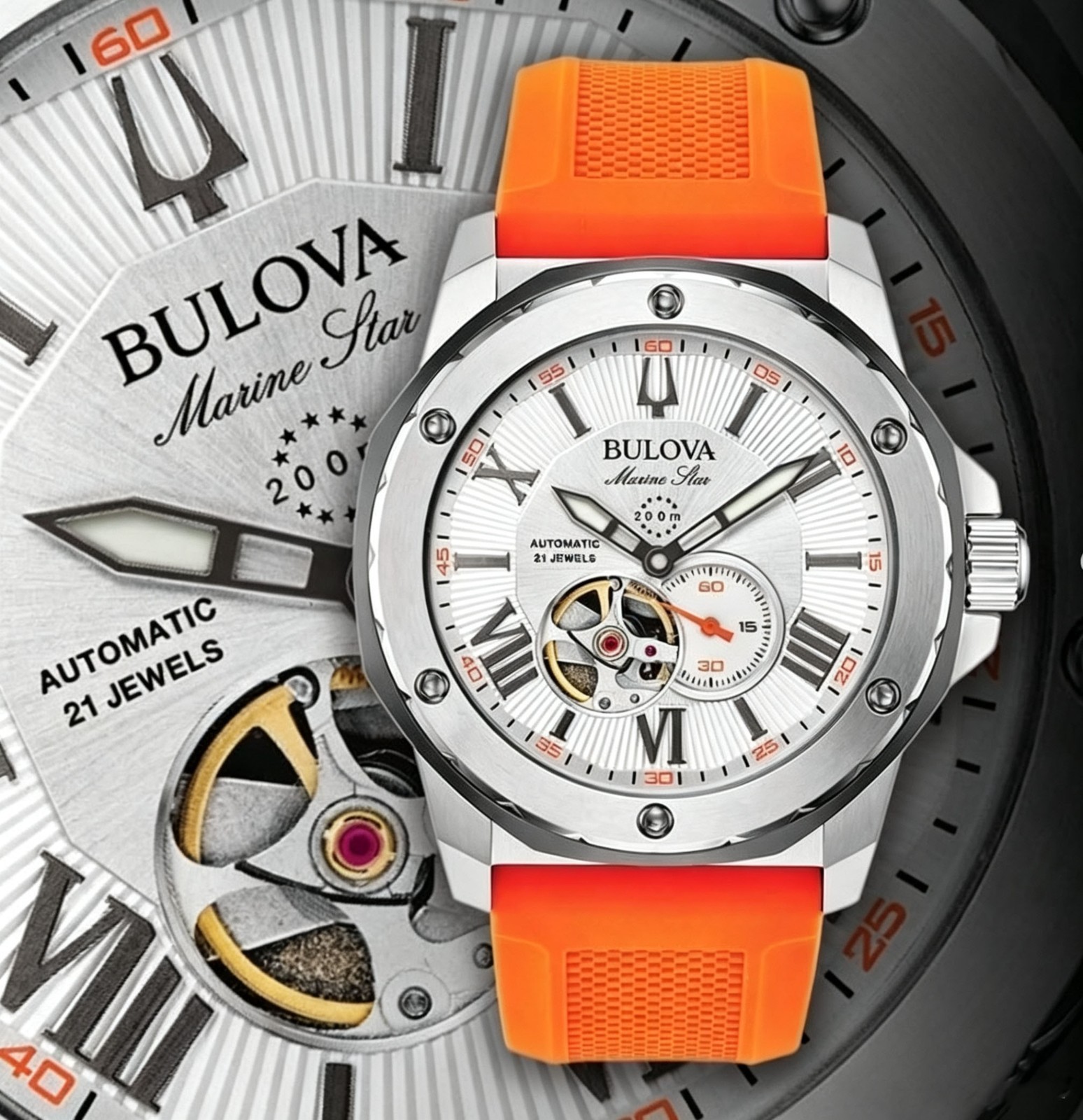 Bulova Marine Star Series A Automatic Men’s Watch 98A226 Orange Rubber Strap
