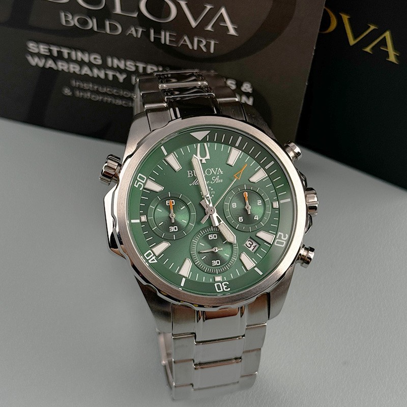 Bulova Marine Star 96B396 Chronograph Men’s Quartz Watch Green Dial 43mm