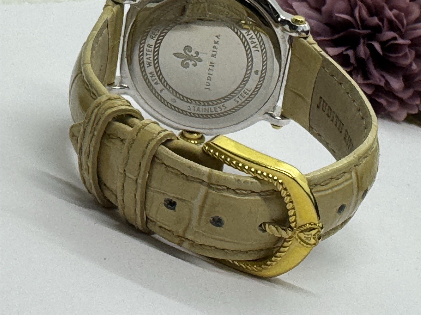 Judith Ripka Floating Crystal Watch Tan Leather approx 6-8″ Needs Battery