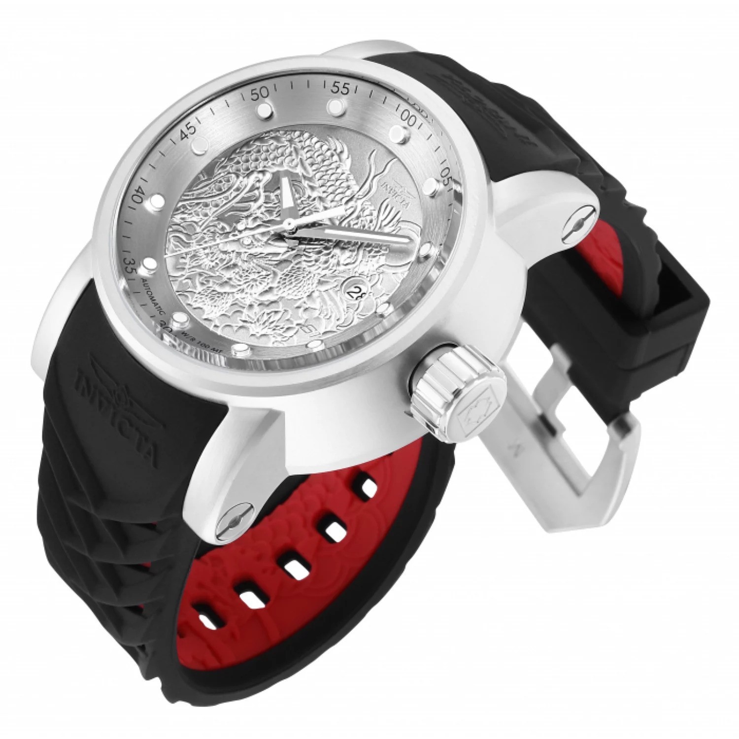 Invicta 48mm S1 YAKUZA DRAGON NH35A Automatic Silver Dial Black Silicone Watch