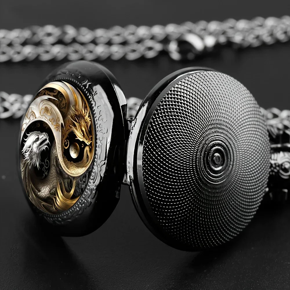 Retro Double Dragon Pattern Golden Silvery Quartz Pocket Watch Classic Style