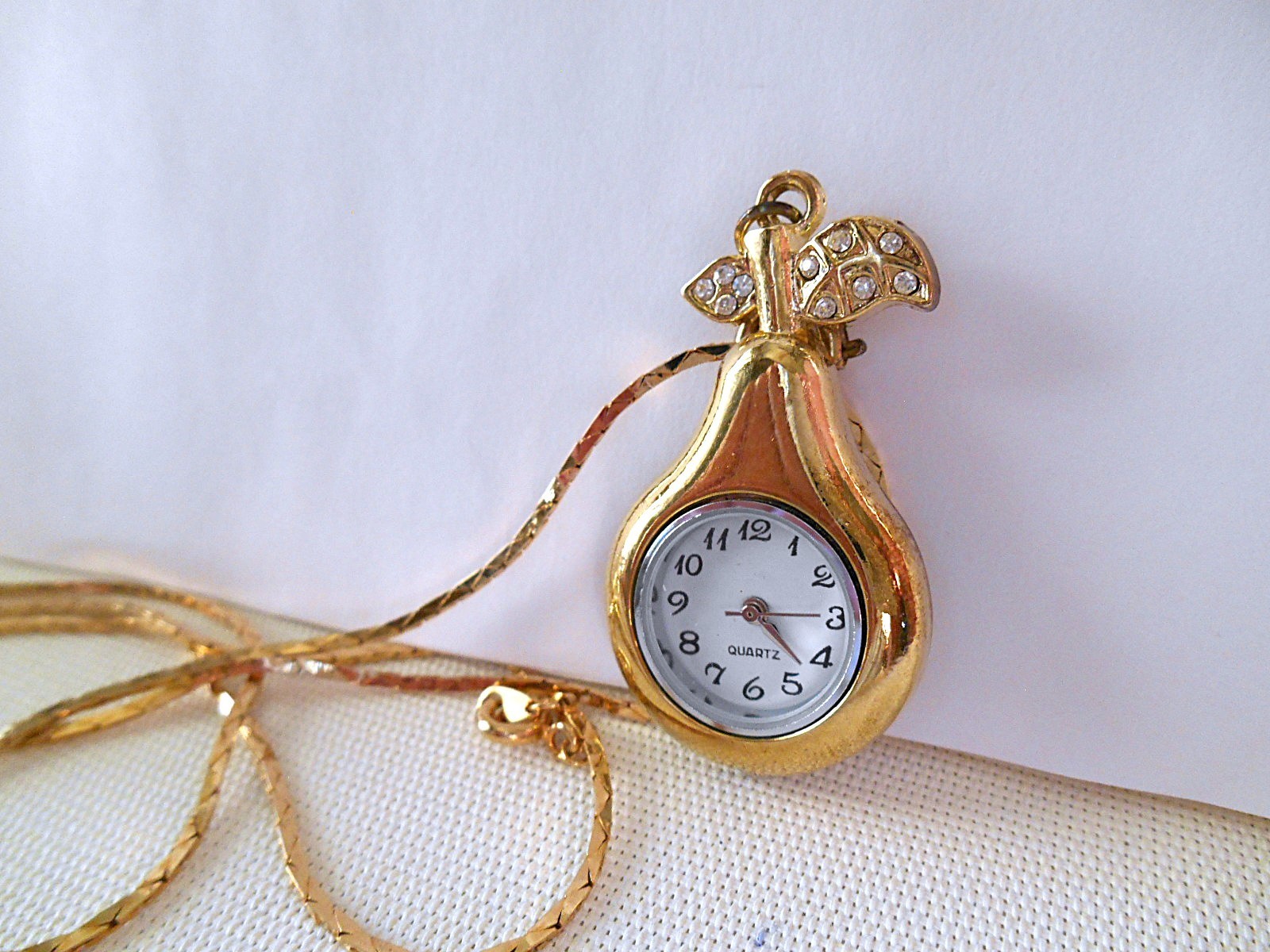 Goldtone & Clear Rhinestone Necklace Watch – New Battery