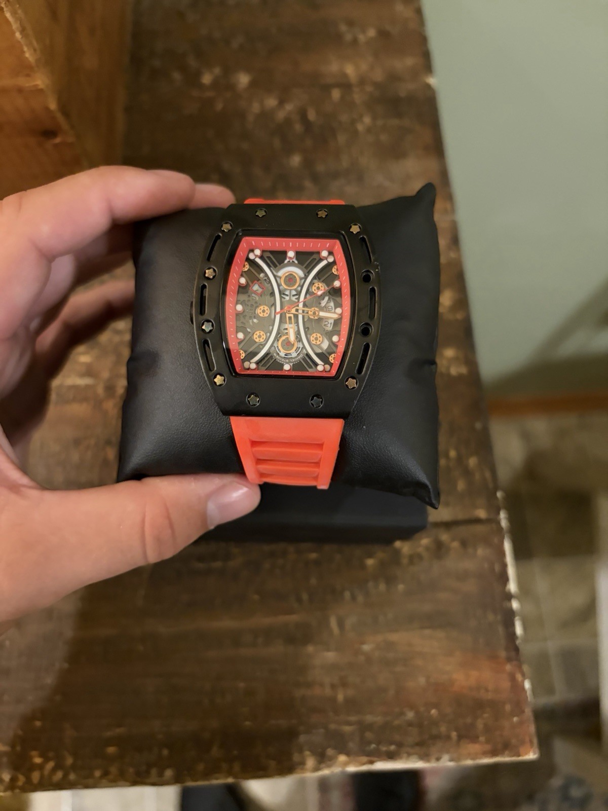 Daniel Steiger Tonneau Automatic Skeleton Watch Black Case Red Rubber Strap Box