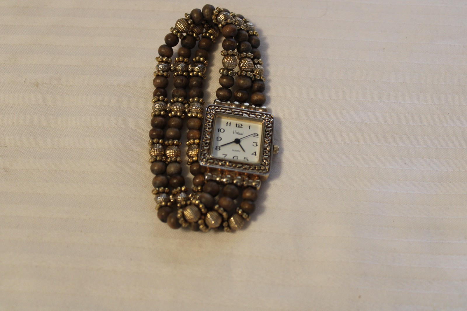 Vivani Square Engraved Dial, Beaded Band, Silver Tone Women’s Watch New Battery