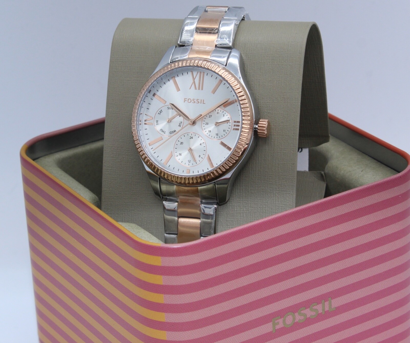 NEW AUTHENTIC FOSSIL RYE MULTIFUNCTION SILVER ROSE GOLD WOMEN’S BQ3761 WATCH