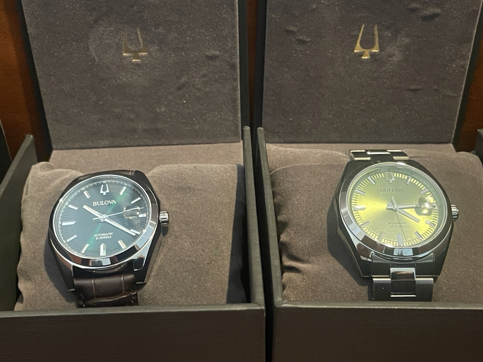 Two Bulova Surveyor Men’s Automatics Pistachio & Racing Green Dial Watch Set