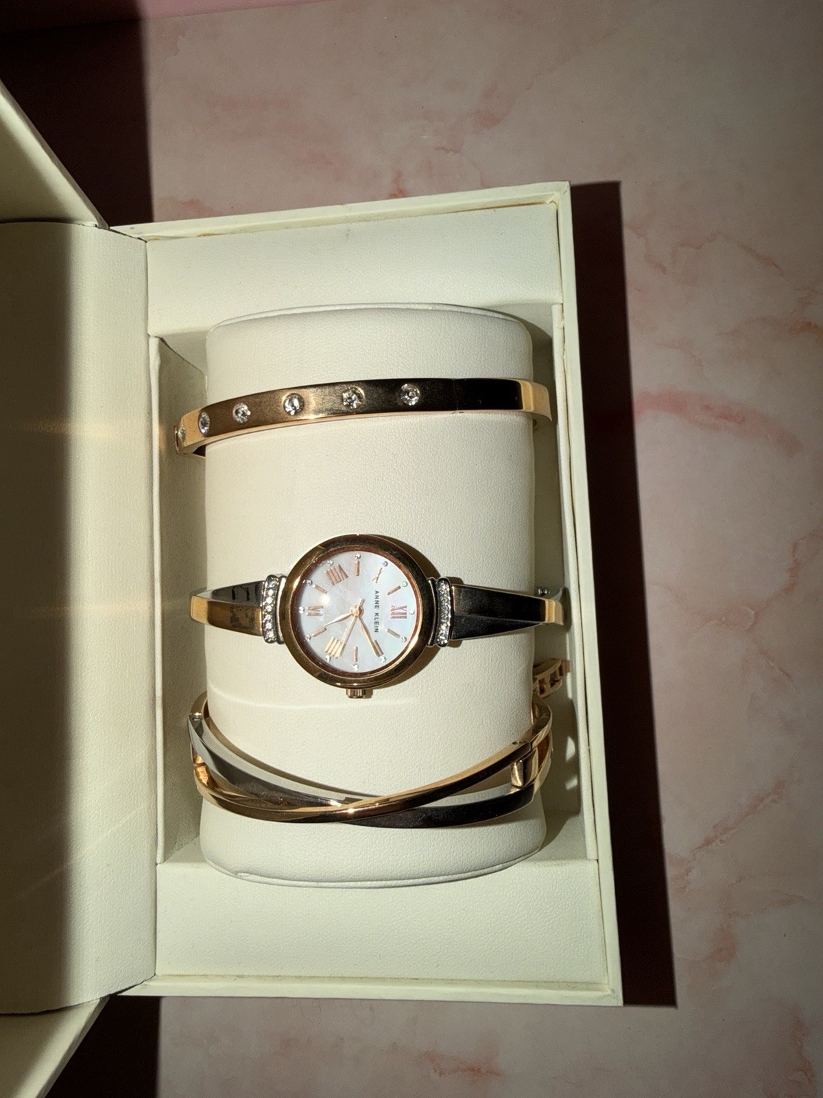 Anne Klein Rose Gold-Tone Diamond Dial Watch & Bangle Bracelet Set – New in Box