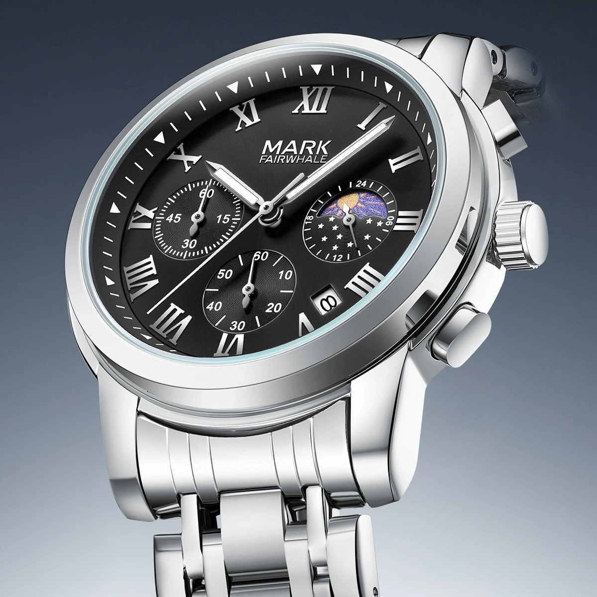 MARK FAIRWHALE Men’s Gift Calendar Moon Phase Chronograph Luminous Quartz Watch