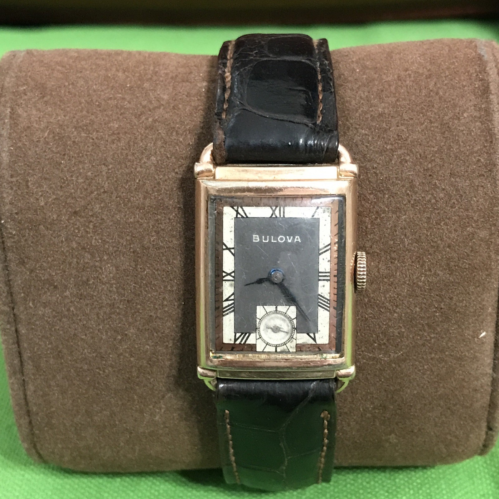 Bulova 14k Rose gold filled vintage watch, Roman numerals dial, art deco .