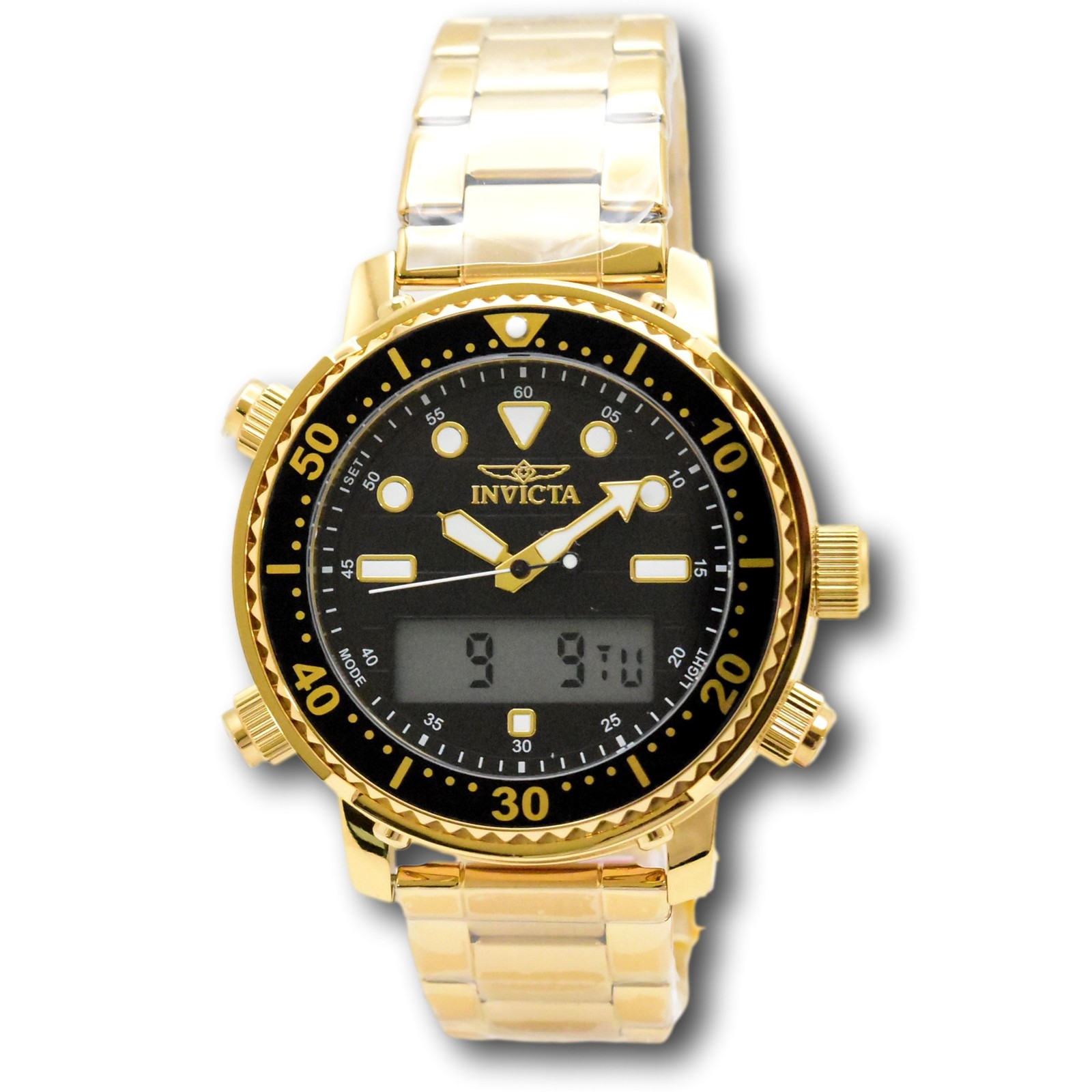 Invicta Pro Diver Men’s 46.5mm Gold Dual Time Digital Ana-Digi Watch 48372