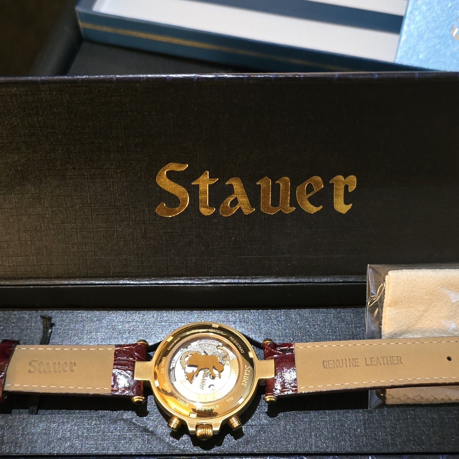 Stauer 1930 Men’s Quartz Watch Gold Case Black Dial Brown Leather Date w/ Box