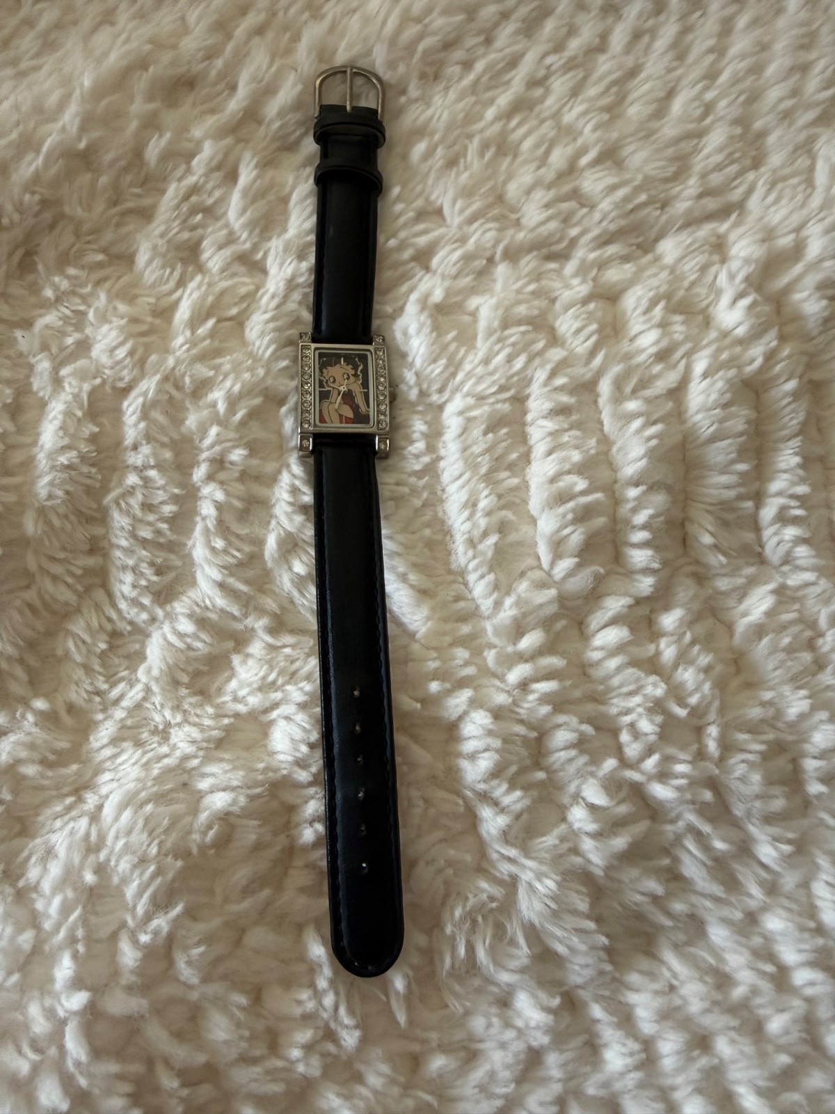 Betty Boop Women’s Silver Finish Analog Wristwatch Faux Black Leather Band