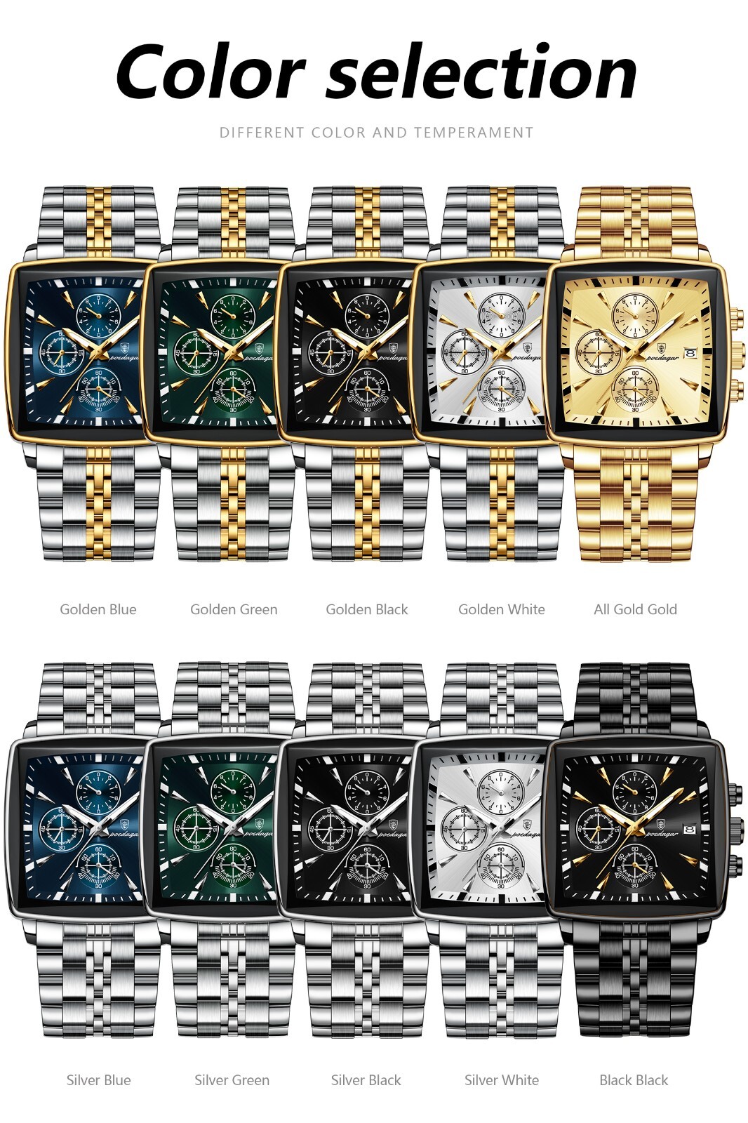 2024 POEDAGAR Luxury Men’s Quartz Watch Square 3Bar Chronograph Stainless Steel