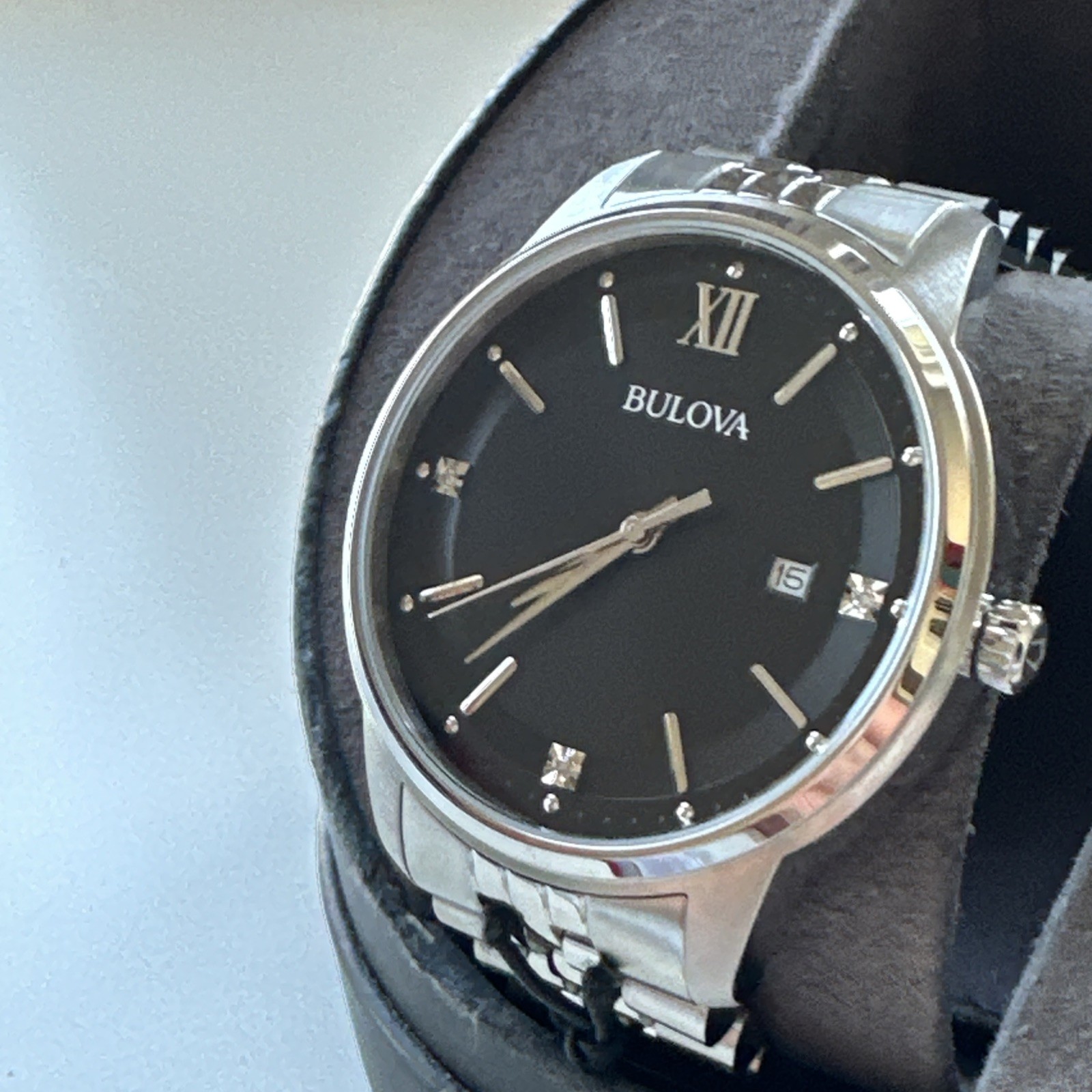 Bulova Men’s Quartz Silver Diamond Accent Marker Black Dial Watch 96D151