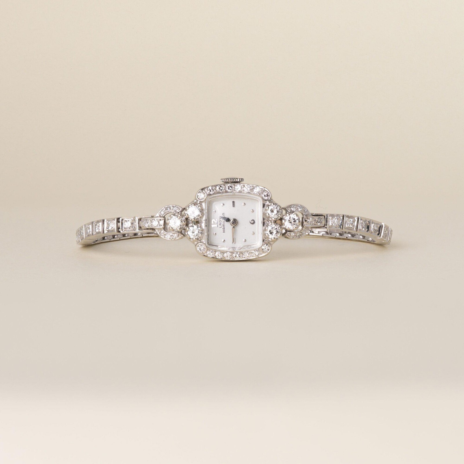 Vintage Lady Hamilton 1.25 Carats Diamonds Tonneau Shape Cocktail Watch 14K Gold
