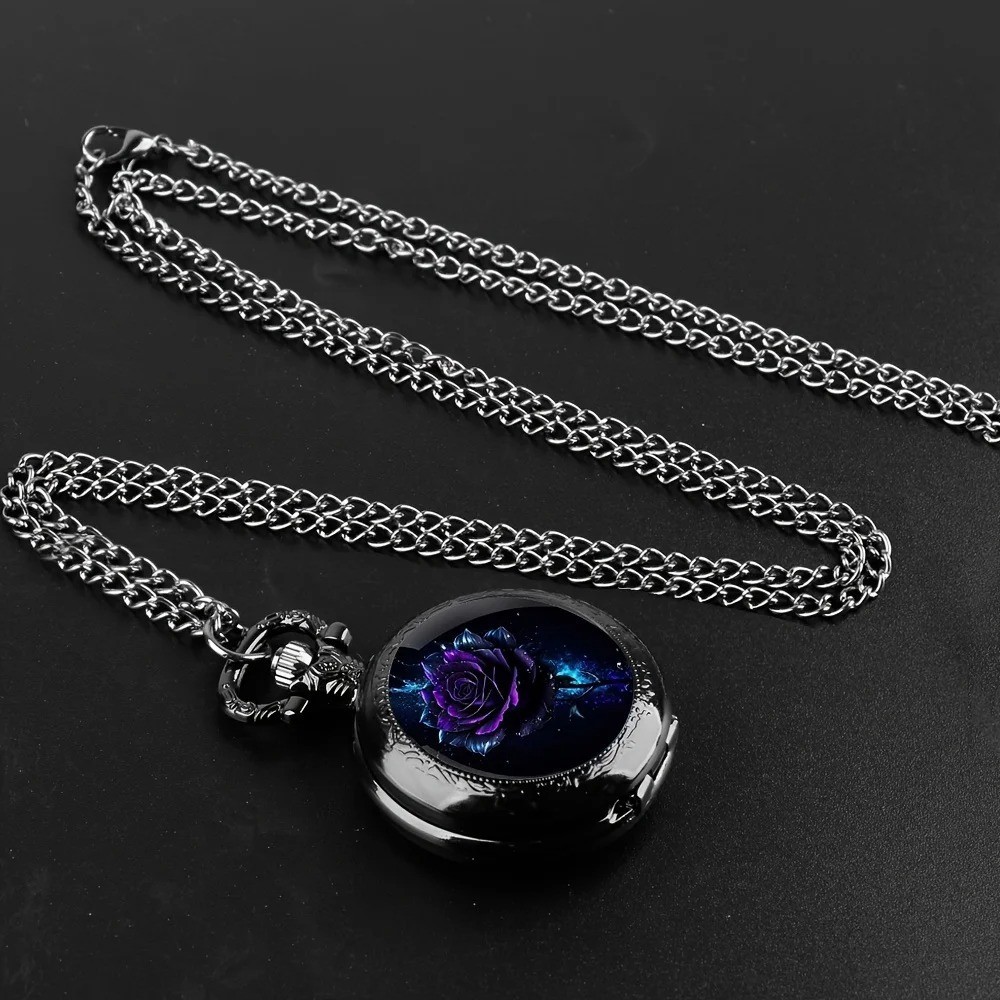 Purple Rose Quartz Pocket Watch Black Necklace Chain Men Women Gift Retro Unique