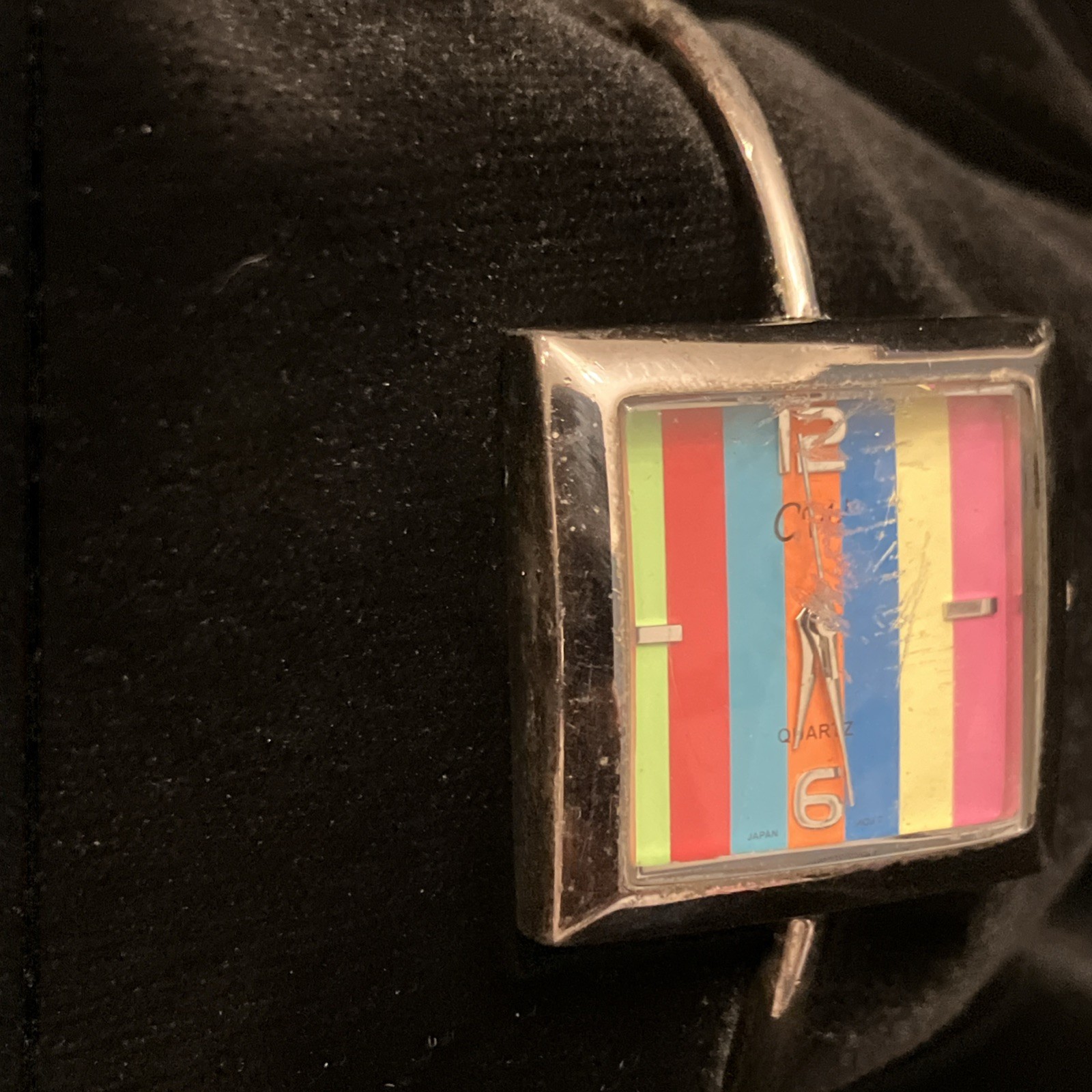 CW Red Green Blue Yellow Square Face Striped Rainbow Watch Stainless Steel Works