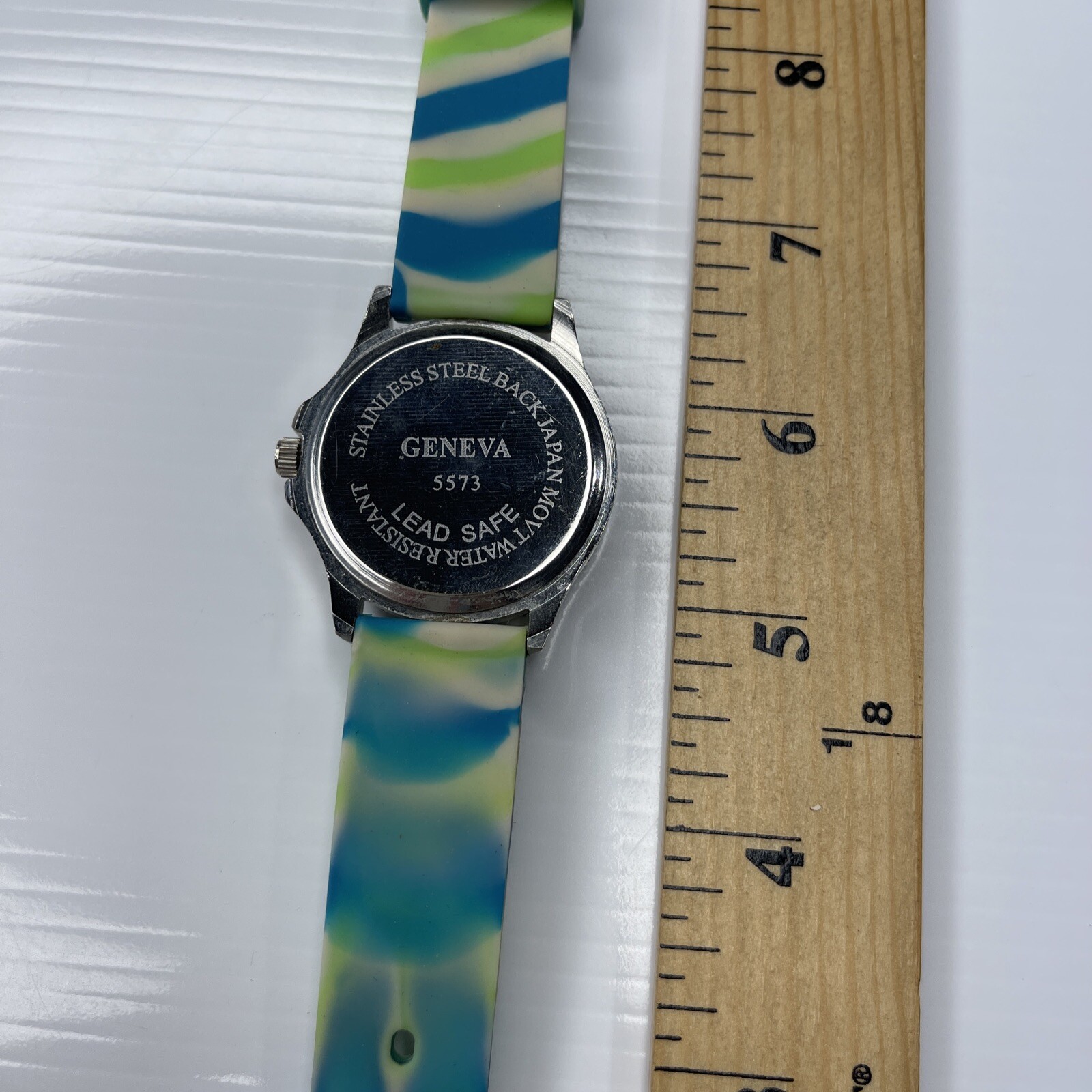 F Geneva Silver Crystals Blue Green Tie Dye Jelly 5573 WR Stainless Watch Works