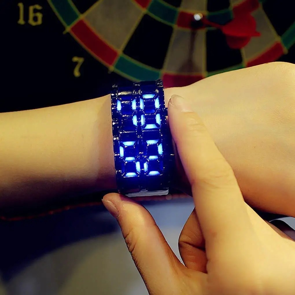 LED Digital Watch, Black & Blue Stainless Steel Lava Style, Samurai Bracelet