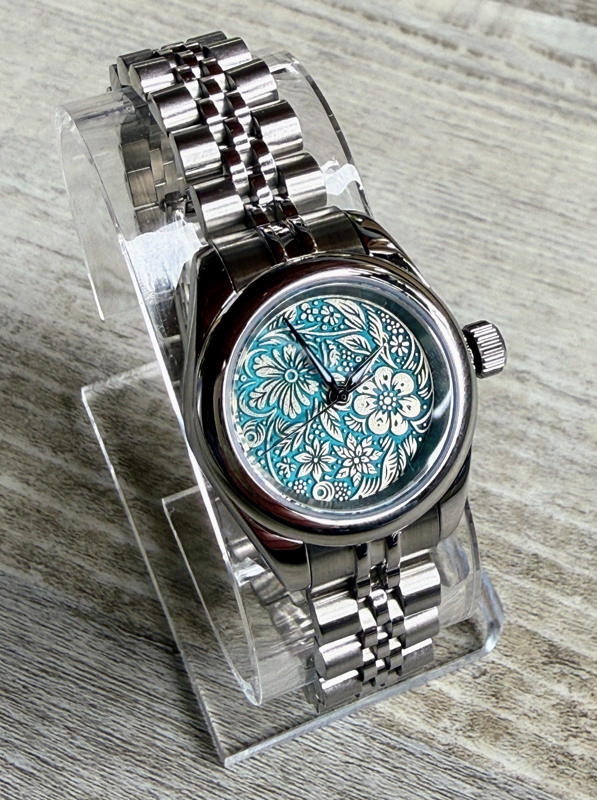 Small Case Automatic Watch, Turquoise Floral Engraved Dial, Stainless Steel