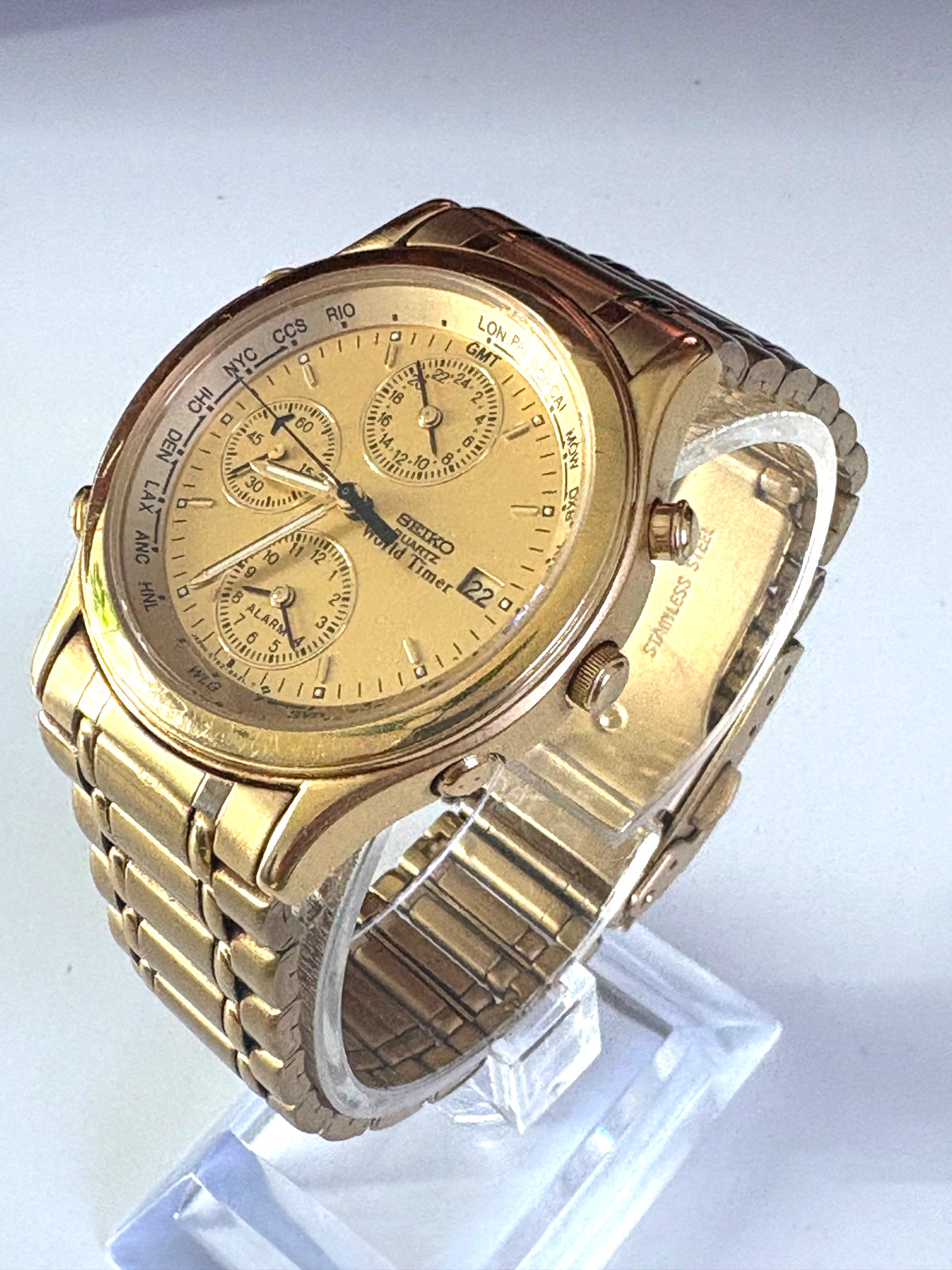 VINTAGE SEIKO WORLD TIMER 5T52-6A29 DUAL TIME ALARM GOLD TONE QUARTZ MENS WATCH