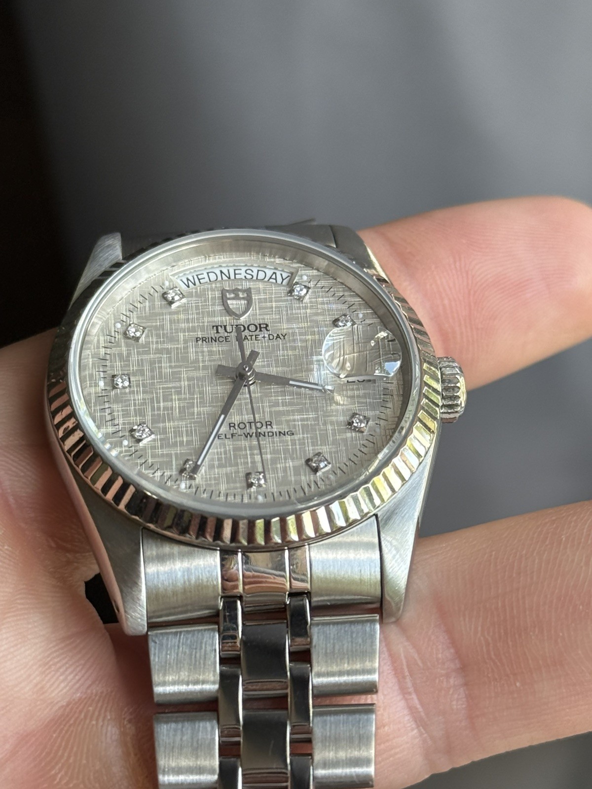 TUDOR Prince Date + Day 36mm #76214 18k White Gold Bezel – Diamond Linen Dial