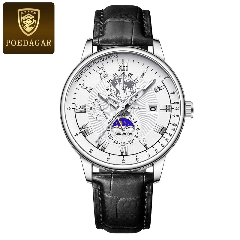 POEDAGAR Leather Luminous Men’s Quartz Watch Chronograph Waterproof Wristwatches