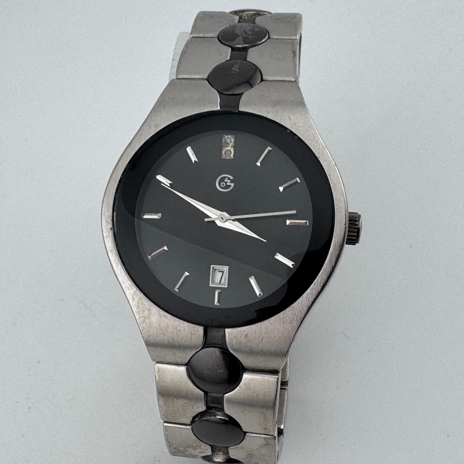 VTG George Quartz Watch Men 30m Silver Black Diamond Date Japan New Battery 8.5″