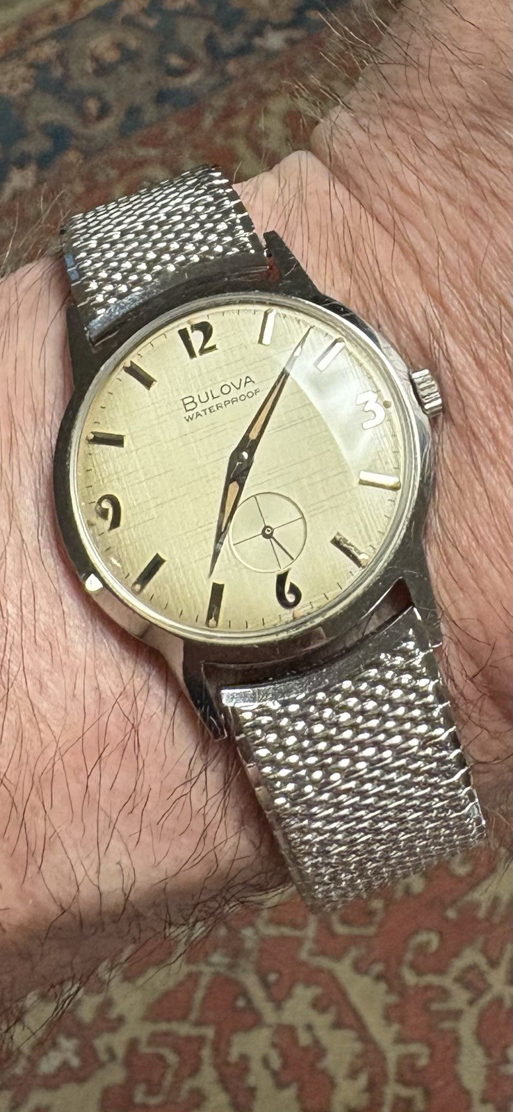 Bulova Surf King Watch linen dial ~keeps great time~32 mm 17j 11AL 10kt GF band