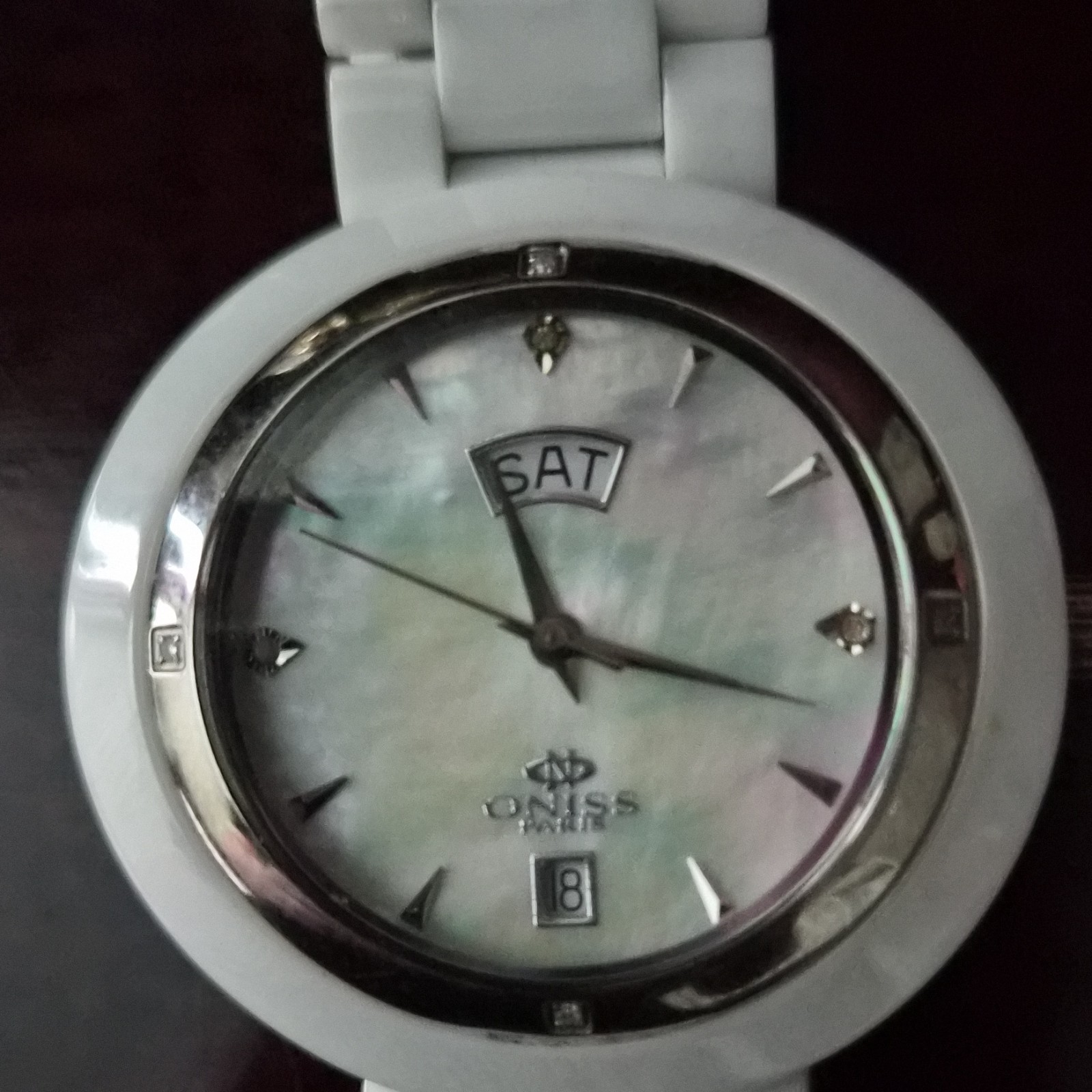 Oniss Quartz Mother-of-Pearl Dial Day/Date White Ceramic Bracelet Watch