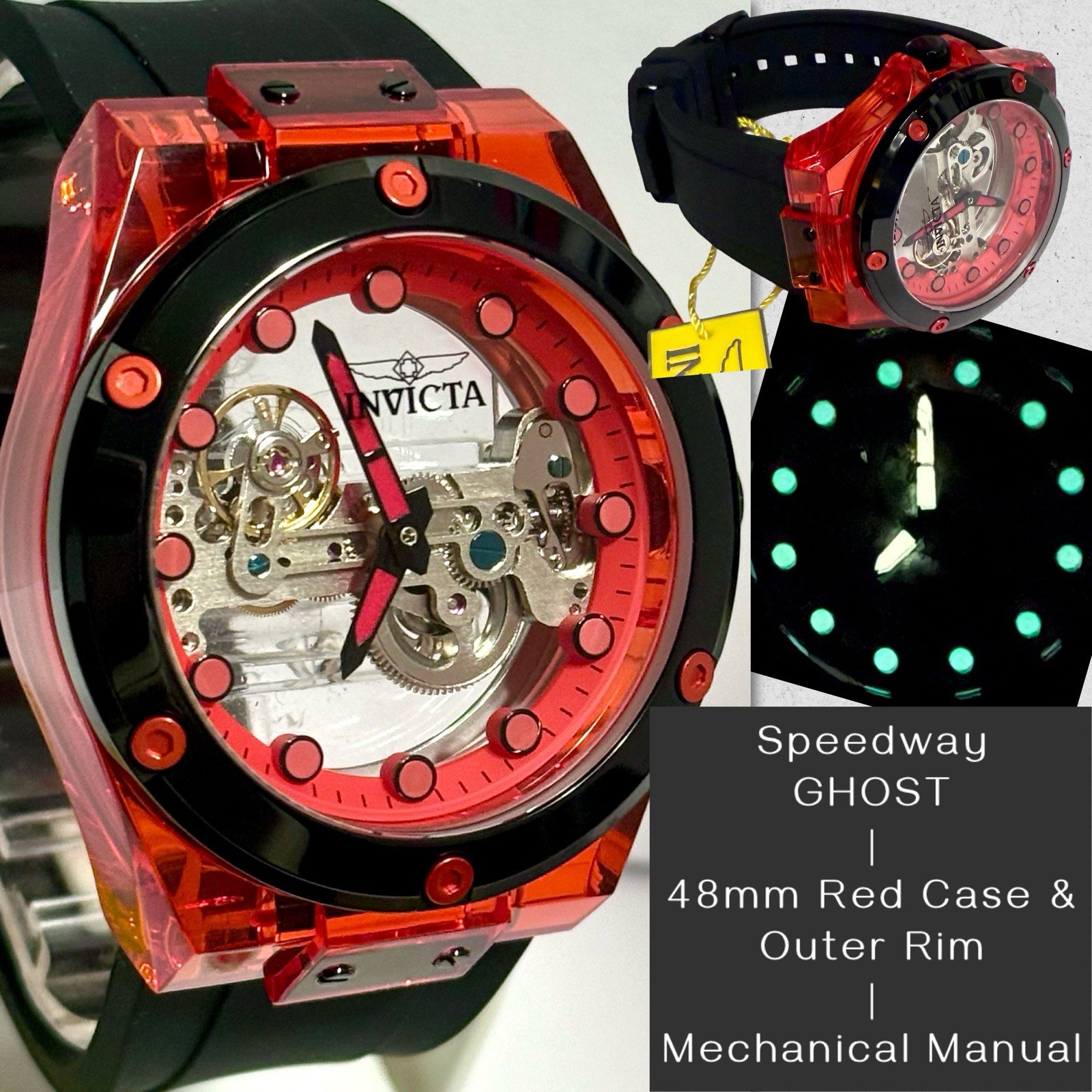 48mm GHOST | Clear Red Case & Outer Rim | Mechanical SPEEDWAY Invicta Watch