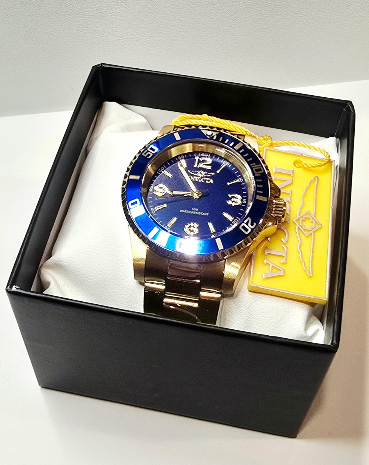Invicta Specialty Rowan Men’s Watch Blue Dial Gold ToneSS Bracelet 50m w/Box